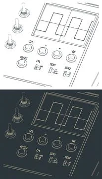 Technical isometric blueprints of the oscilloscope interface close-up Stock Illustration