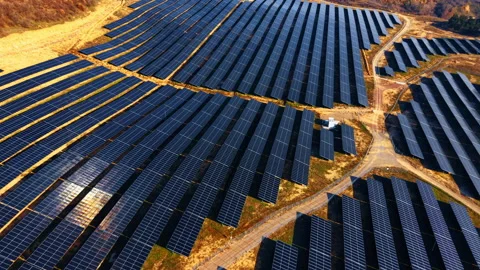 Technical layout of solar panel arrays from high aerial view Stock Footage 330070271