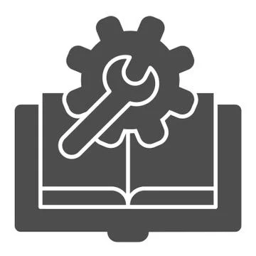 Technical literature solid icon. Book with cogwheel vector illustration isolated Stock Illustration