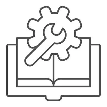 Technical literature thin line icon. Book with cogwheel vector illustration Stock Illustration