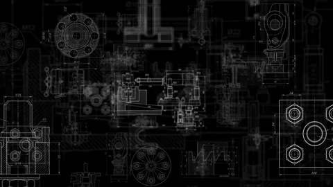 Technical mechanical drawing blueprint animation on black background Video stock 340154195