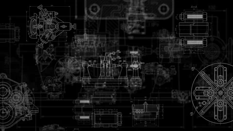 Technical mechanical engineering blueprint animation on black background Stock Footage 340154169