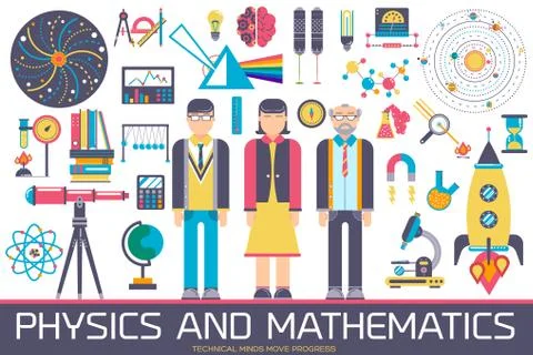 Technical minds collection of icon set. Vector flat physics and mathematics Stock Illustration