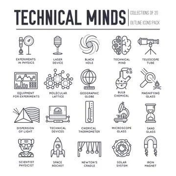 Technical minds collection of thin line icon set. Vector flat outline physics Stock Illustration