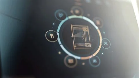 Technical module surrounded by circular system icons Foto stock