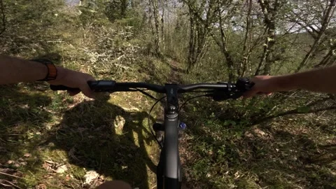 Technical mountain bike forest trail France skill riding challenge Stock Footage 311163676