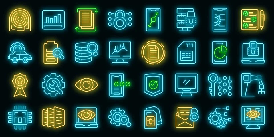 Technical overview icons set vector neon 스톡 일러스트