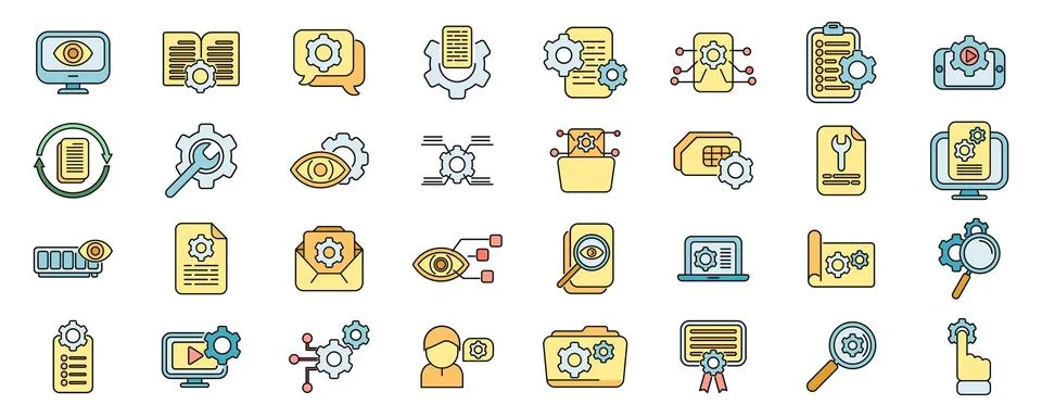 Technical overview icons set vector color line Stock Illustration