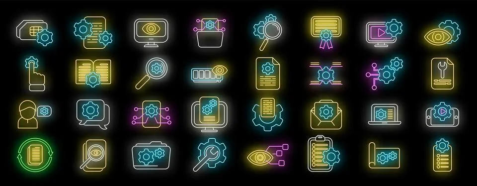 Technical overview icons set vector neon Stock Illustration
