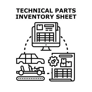 Technical parts inventory sheet managing supply chain Stock Illustration