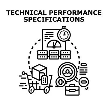 Technical performance specifications concept with elements like a document. S Stock Illustration