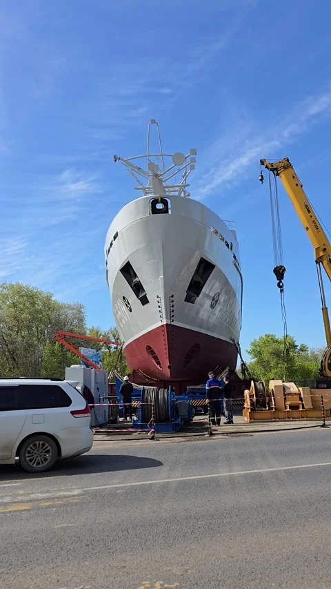 Technical preparations for the ceremonial launch of the large vessel D. Konayev. Stock Footage 333771919