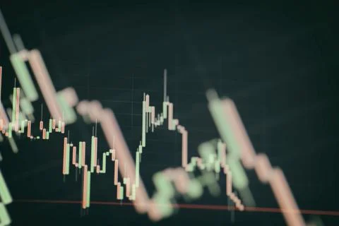Technical price graph and indicator, red and green candlestick chart on blue Stock Photos
