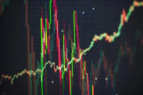 Technical price graph and indicator, red and green candlestick chart and stoc Stock Photos