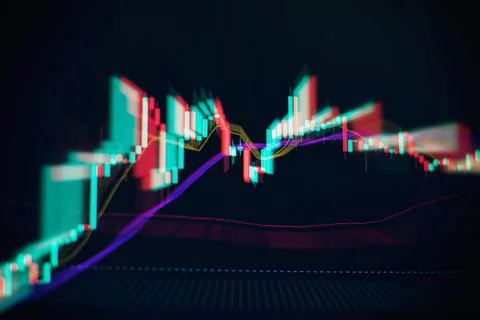 Technical price graph and indicator, red and green candlestick chart on blue Stock Photos