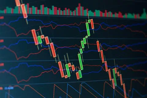 Technical price graph and indicator, red and green candlestick chart on blue Stock Photos