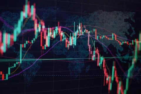 Technical price graph and indicator, red and green candlestick chart on blue Stock Photos