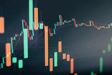 Technical price graph and indicator, red and green candlestick chart on blue Stock Photos