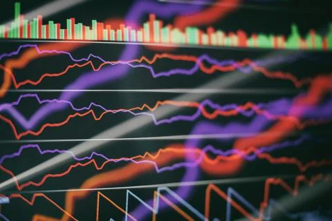 Technical price graph and indicator, red and green candlestick chart on blue Stock Photos