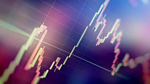 Technical price graph and indicator, red and green candlestick chart on blue Stock Photos