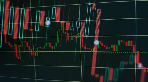 Technical price graph and indicator, red and green candlestick chart on blue Stock Photos