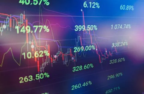 Technical price graph and indicator, red and green candlestick chart on blue Foto stock