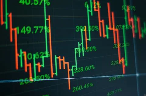 Technical price graph and indicator, red and green candlestick chart on blue Stock Photos