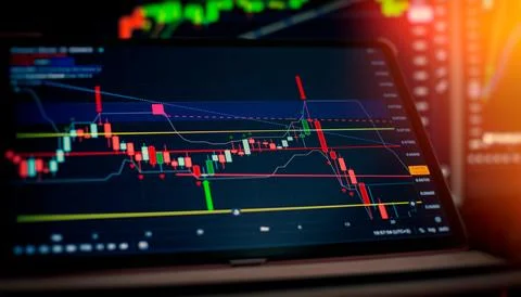 Technical price graph and indicator, red and green candlestick chart on blu.. Foto stock
