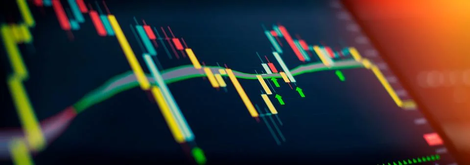 Technical price graph and indicator, red and green candlestick chart on blu.. Stock Photos