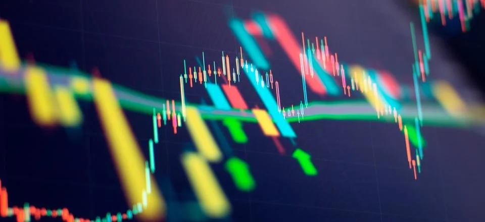 Technical price graph and indicator, red and green candlestick chart on blu.. Stock Photos