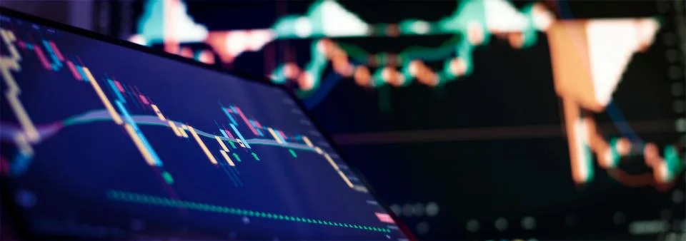 Technical price graph and indicator, red and green candlestick chart on blu.. Foto stock