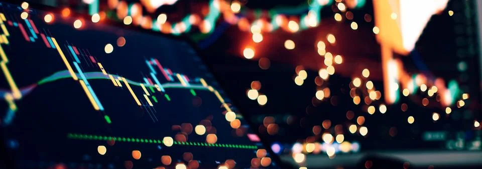 Technical price graph and indicator, red and green candlestick chart on blu.. Foto stock