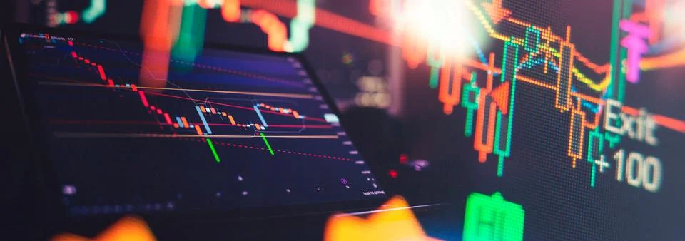 Technical price graph and indicator, red and green candlestick chart on blu.. Stock Photos