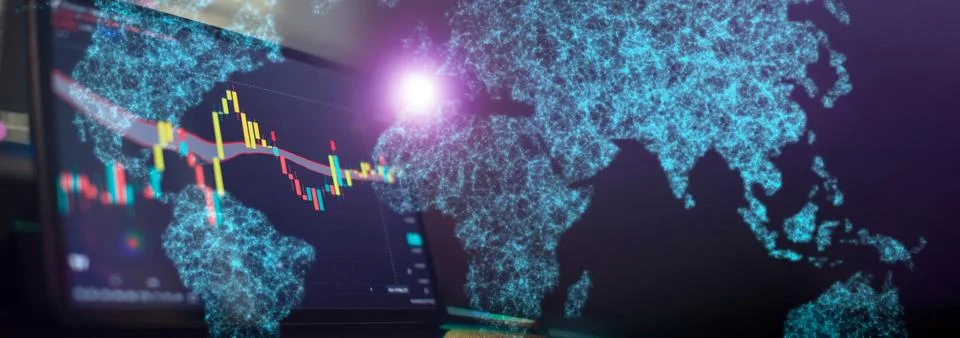 Technical price graph and indicator, red and green candlestick chart on blue  Foto stock