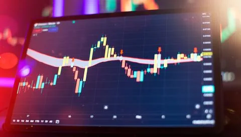 Technical price graph and indicator, red and green candlestick chart on blue  Stock Photos