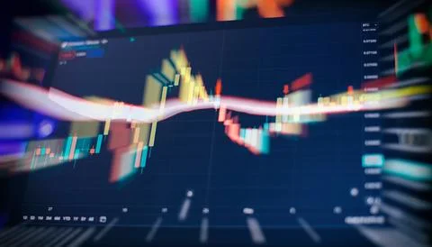 Technical price graph and indicator, red and green candlestick chart on blue  Stock Photos
