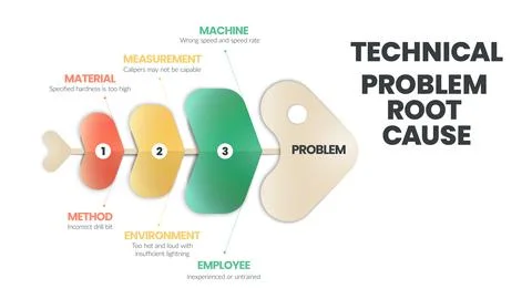 Technical Problem Root Cause infographic. A fishbone or cause and effect or I 스톡 일러스트