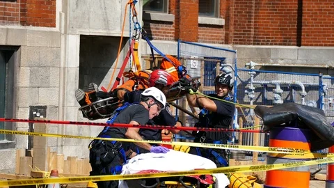 Technical rescue team preparing stretcher for victim Stock Footage 115969568