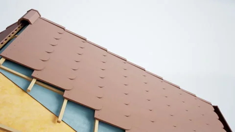 Technical section of roof, visible design and insulation. Brown fish tiles. 動画素材 106946434