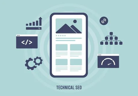 Technical SEO concept. Improve websites search engine ranking with technical on Stock Illustration