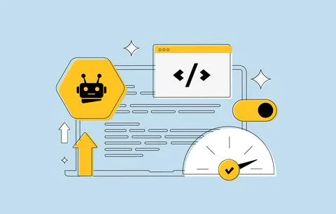 Technical SEO illustration featuring AI crawler, code snippet and speed Stock Illustration