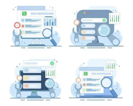 Technical SEO set featuring website speed optimization, search engine crawling. Иллюстрация