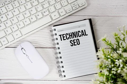 Technical SEO text with keyboard and wireless mouse on wooden background Foto stock