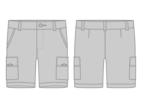 Technical sketch grey cargo shorts pants design template. Stock Illustration
