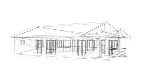 A technical sketch of a modern low rise building with a detailed wireframe d Stock Illustration