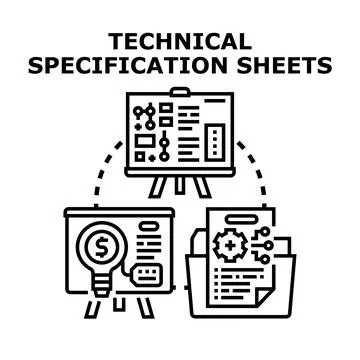 Technical specification sheets creating product development process Stock Illustration