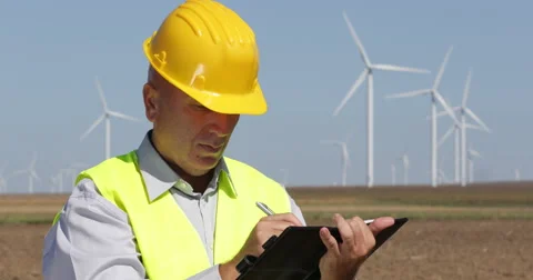 Technical Staff Write Maintenance Report Agenda Inspecting Wind Turbines Field Stock Footage 59329241
