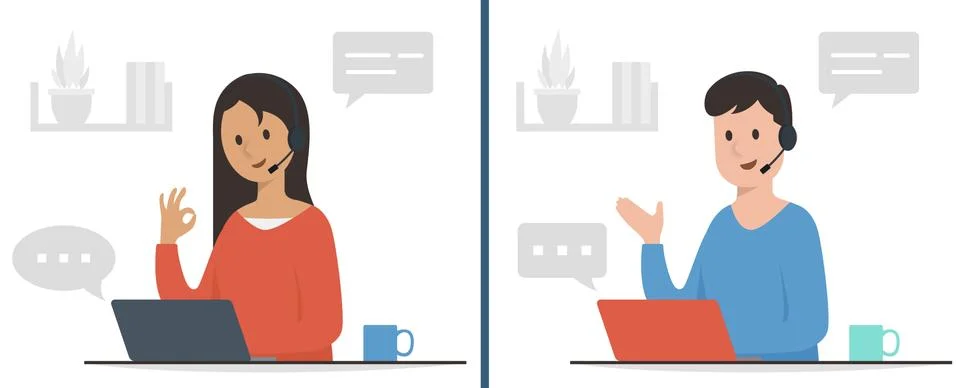Technical support and call center assistant Flat Design. Stock Illustration