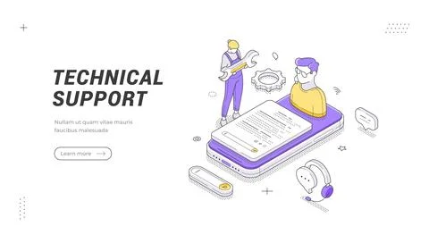 Technical Support And Customer Service Isometric Vector Illustration For IT.. Ilustração Stock