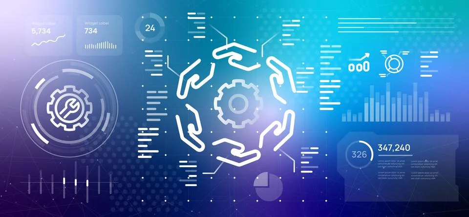 Technical support and maintenance dashboard concept with human hands Stock Illustration